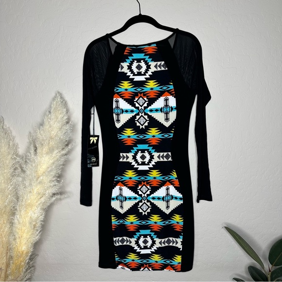 Iris Basic Aztec Print Dress, Sheer Mesh Long Sleeve, size large - Picture 2 of 10